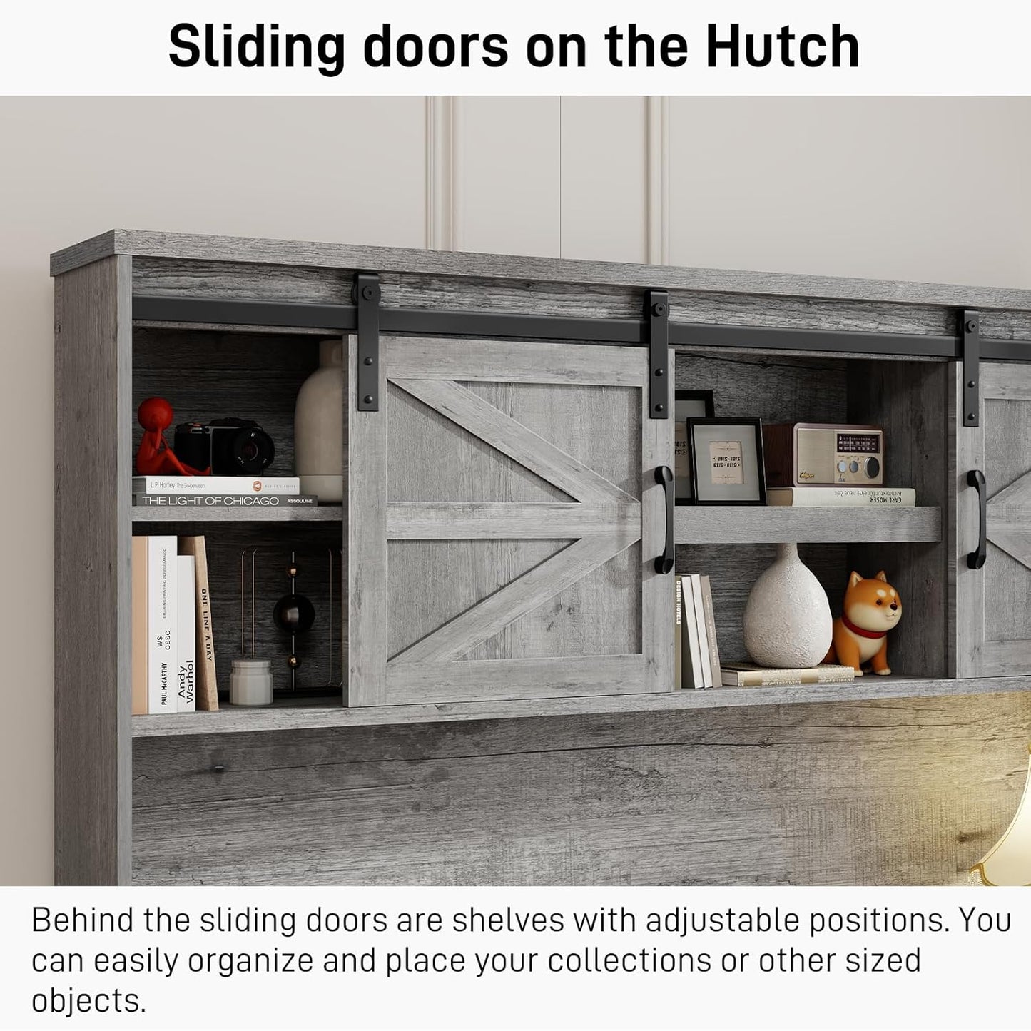 Farmhouse 67''H Executive Desk with Hutch & 5 Drawers, Rustic Office Desks Computer Desks with Charging Station, File Drawers and Storage Cabinets, Wood Workspace for Home Office & Study.(Grey).