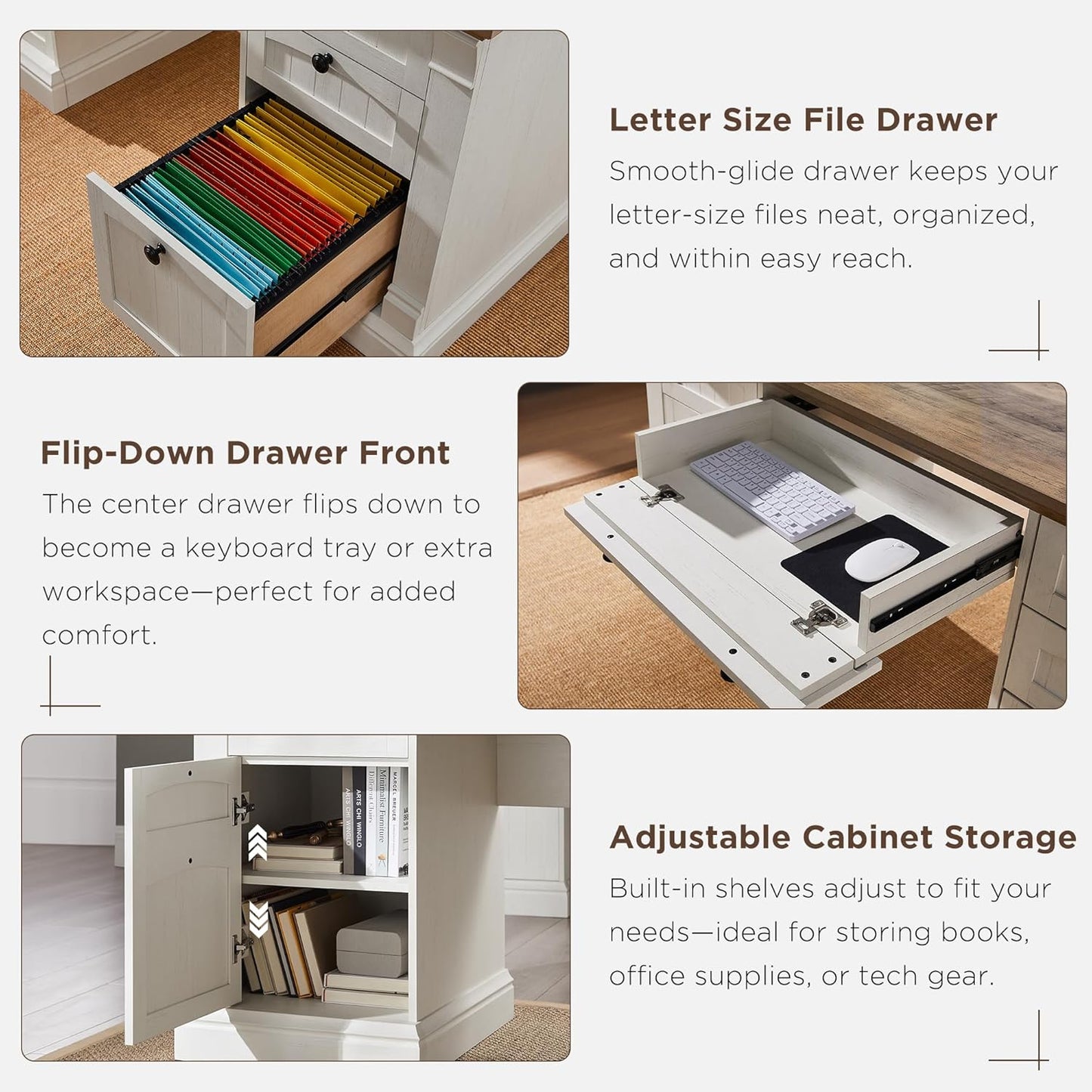 OKD 60" Executive Desk with Hutch and Drawers, Farmhouse Home Office Desk with Charging Station, Keyboard Tray, File Cabinet Storage, Wood Computer Desk for Work and Study, Antique White