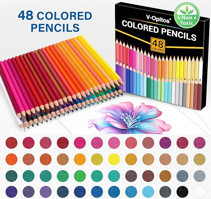 V-Opitos 48 Pack Colored Pencils Set, Pre-sharpened Coloring Pencils for Kids Beginners, Colored Pencils for Adult Coloring Books, Ideal Art Supplies for Sketching, Coloring & Painting
