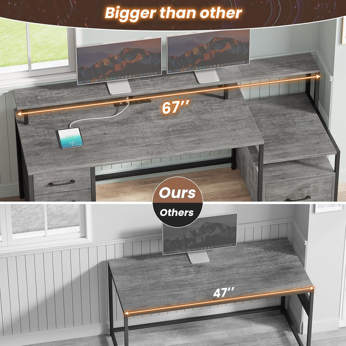 SEDETA Home Office Desk with File Drawer & Power Outlet, 66'' Computer Desk with 5 Drawer, Storage Shelves, Printer Cabinet and Monitor Shelf, Gaming Desk with Led Lights, Grey