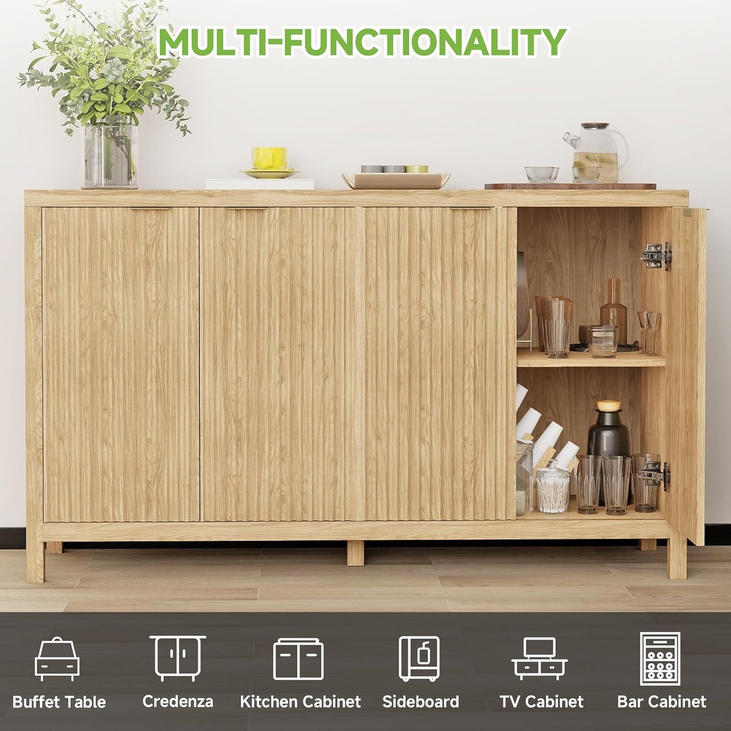 Real Relax Fluted Sideboard Cabinet, 4-Door Sideboard Buffet Cabinet with Storage, 55" Large Modern Credenza Adjustable Shelves, Buffet Table for Dining Room, Kitchen, Living Room, Natural Oak