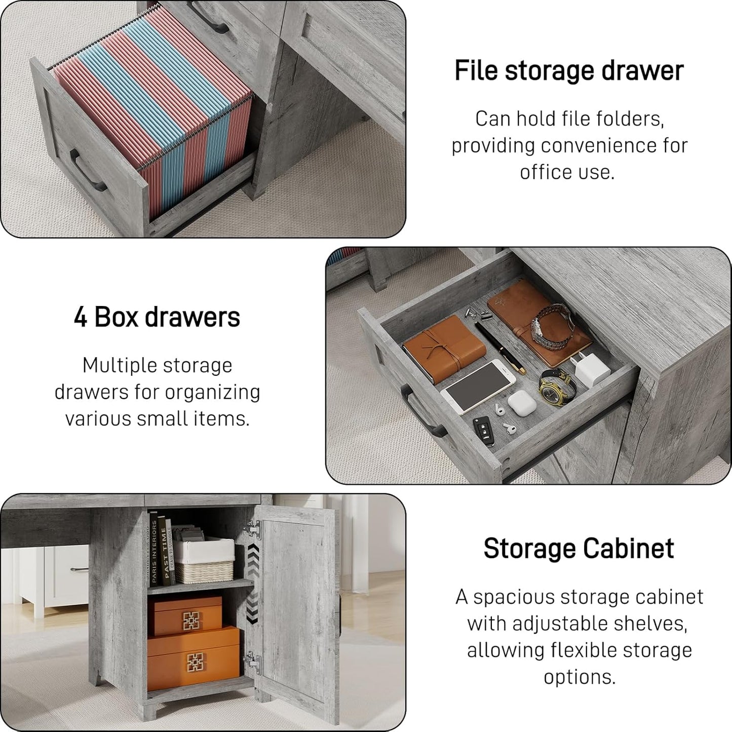 Farmhouse 67''H Executive Desk with Hutch & 5 Drawers, Rustic Office Desks Computer Desks with Charging Station, File Drawers and Storage Cabinets, Wood Workspace for Home Office & Study.(Grey).