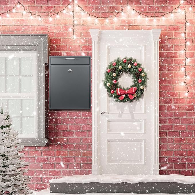 Locking Mailbox with Key for Outdoor 18 x 15 x 7 Inches Large Wall Mount Mail Box with Lock Security Mail Drop Metal Collection Boxes Hanging Secure Postbox(Dark Gray)