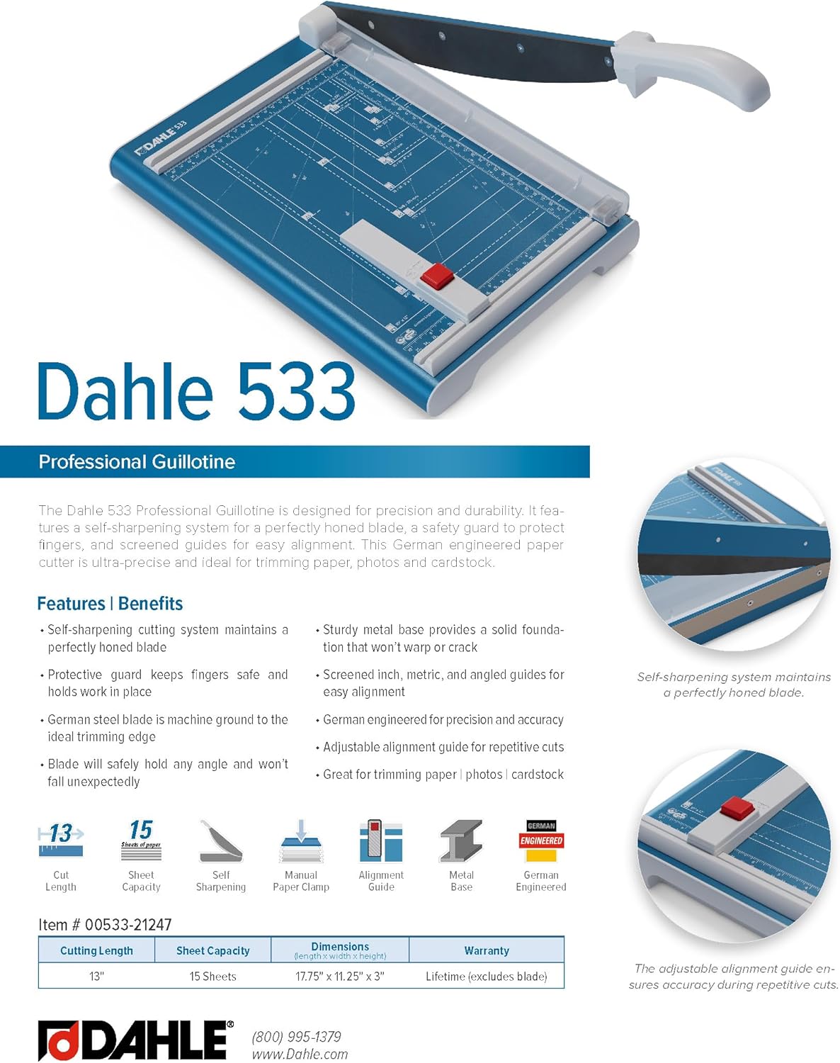 Dahle 533 Professional Guillotine Trimmer, 13" Cut Length, 15 Sheet Capacity, Self-Sharpening, Manual Clamp, German Engineered Paper Cutter