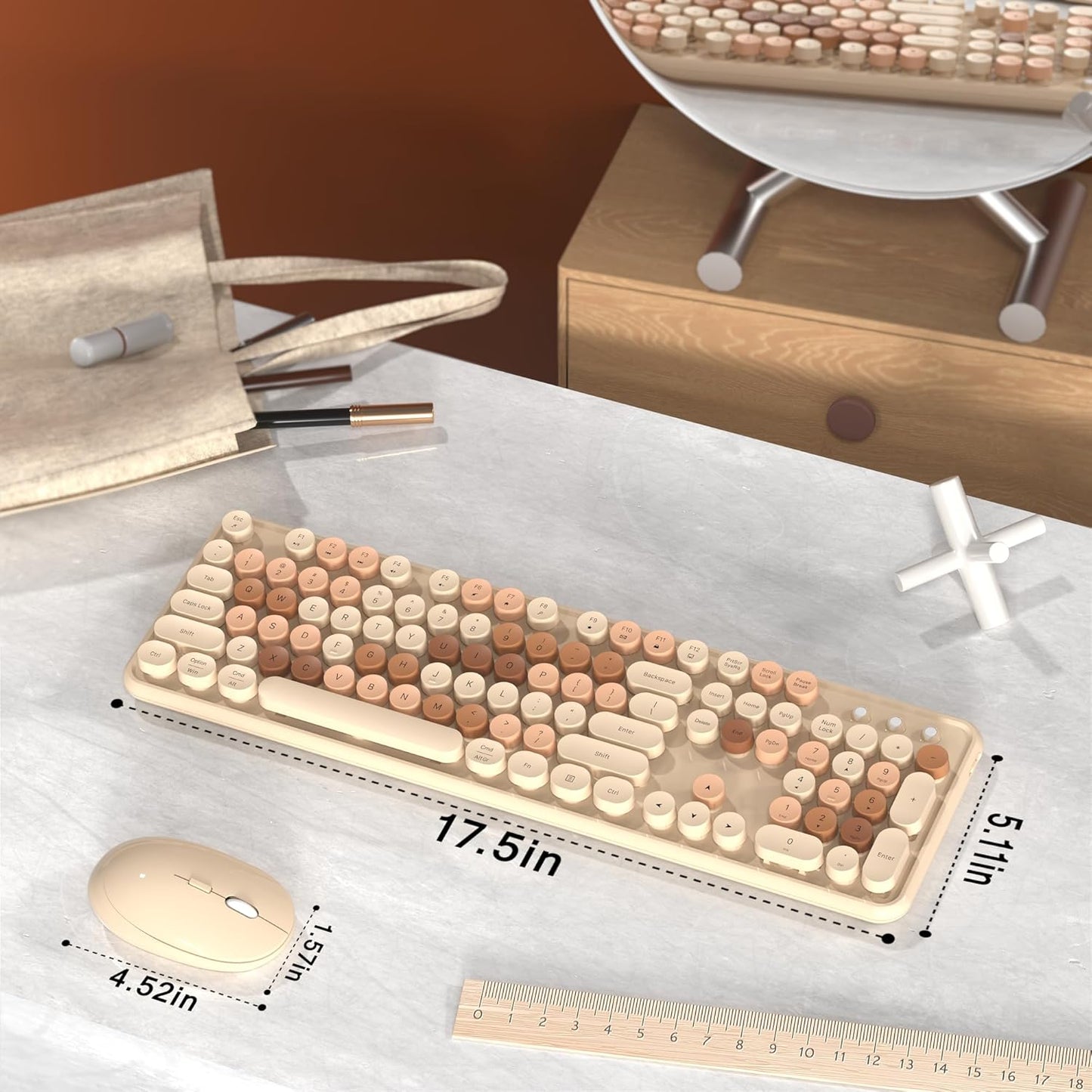 Colorful Wireless Computer Keyboard and Mouse Combo with Round Typewriter Keycaps, Retro Design, Power Switch, Ergonomic Design, 2.4GHz Wireless for Windows, Mac, PC(Milk-Tea Colorful)