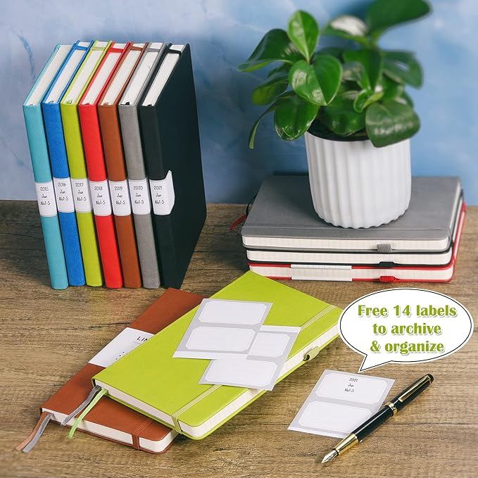 MALEDEN 7 Pack Lined Journal Notebook, Hardcover PU Leather Notebook for Men Women, 100 GSM Thick Numbered Pages with Index Content, Inner Pockets, Bookmarks, A5 Ruled Writing Journal Bulk (Green)