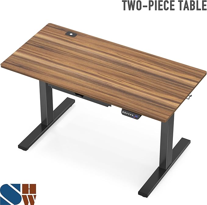 SHW 55 x 28 Inches Electric Height Adjustable Standing Desk with Drawer and Memory Preset, Walnut