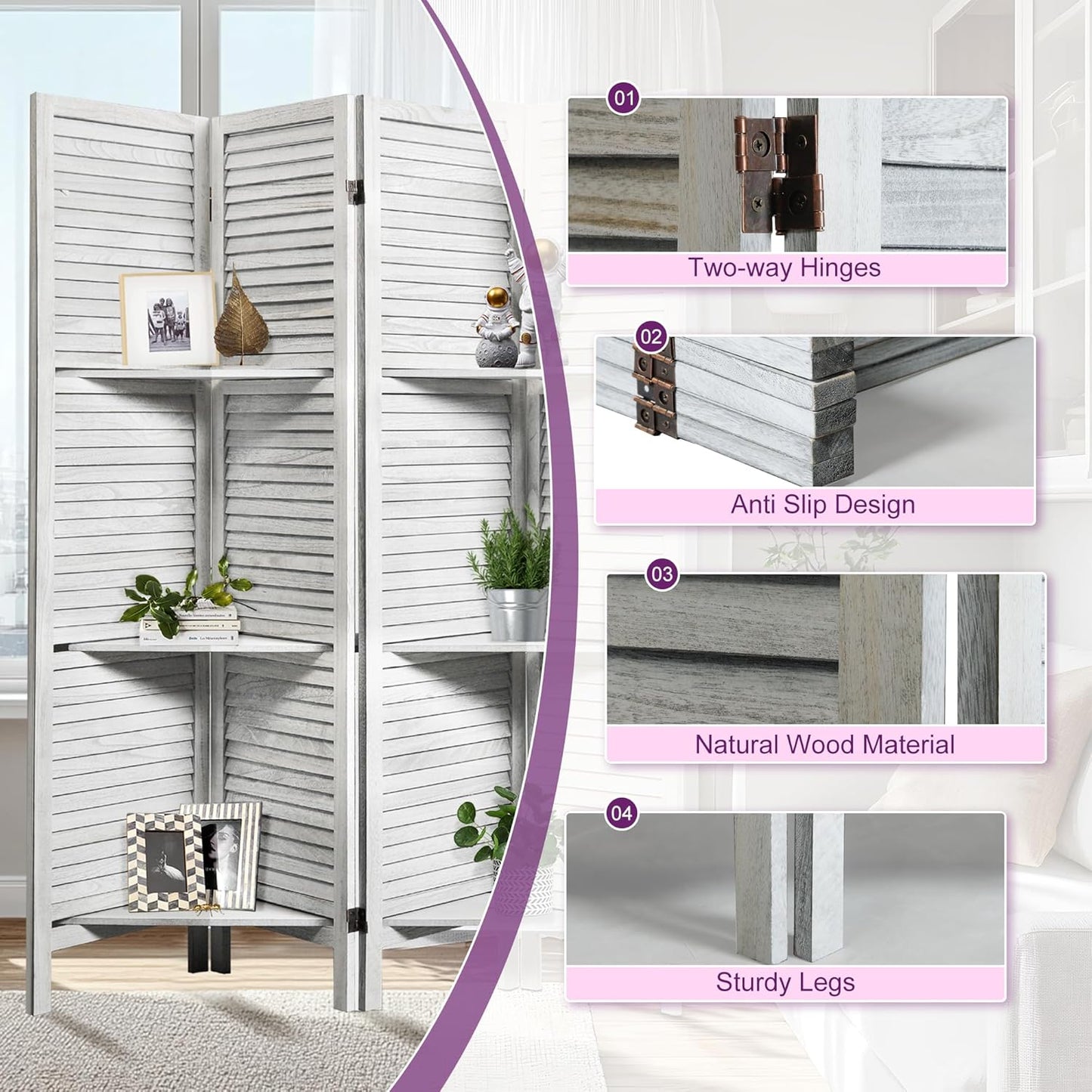 Room Divider with Shelves, 5.6FT Folding Room Divider Panel, 4 Panel Wood Partition Wall Divider for Room Separation, White