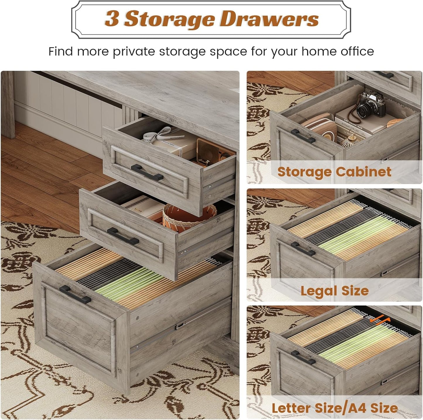 SEDETA Executive Office Desk with 3 Drawers, Farmhouse 55" Computer Desk with Storage File Drawers & Power Outlet for Home Office, Grey