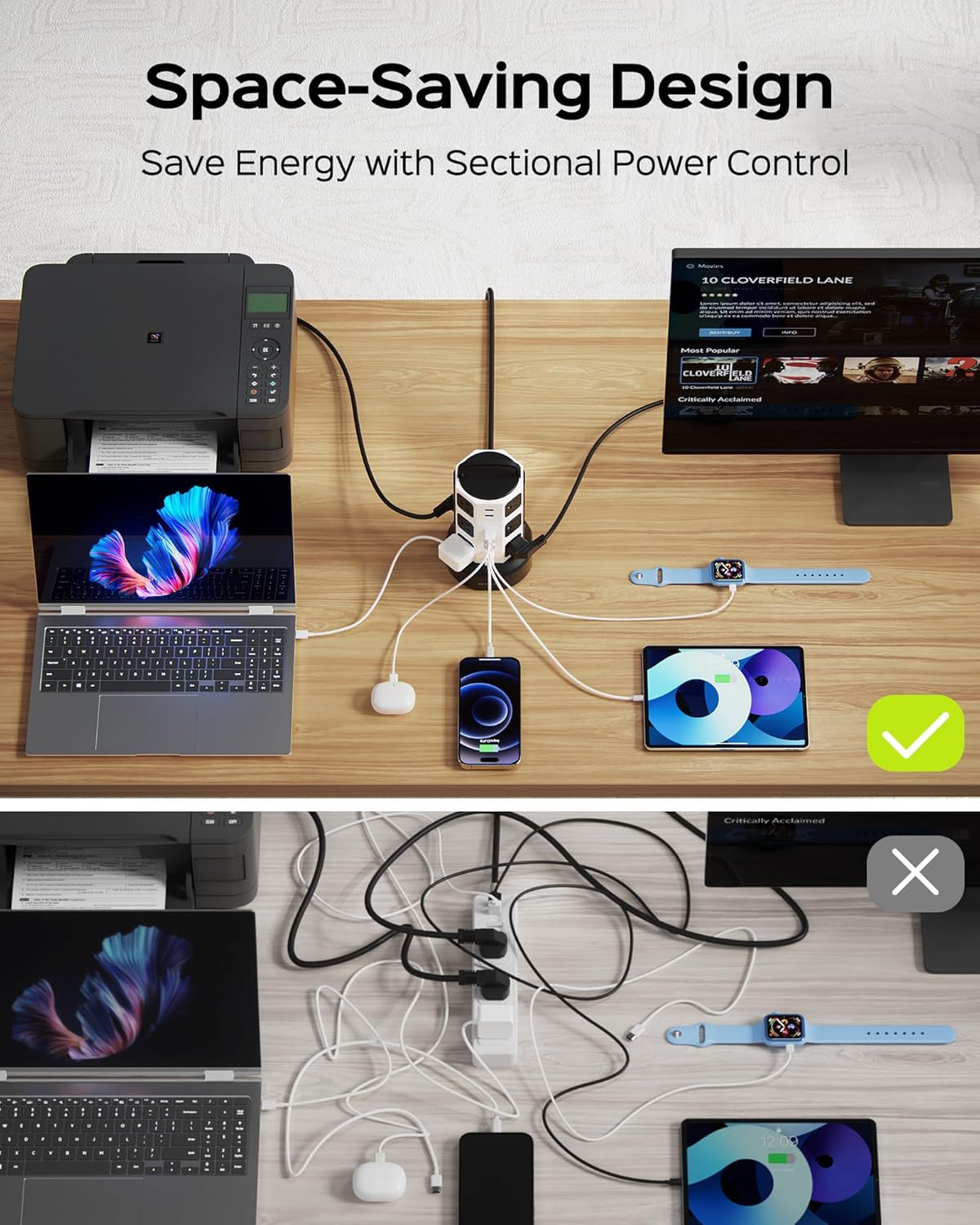 Power Strip Tower Surge Protector, JACKYLED 12 Outlets 6 USB (2 USB C) Charging Station, Extension Cord with Multiple Outlets, 1050J 1625W/13A Outlet Extender 6.5ft Extension Cord for Home Office