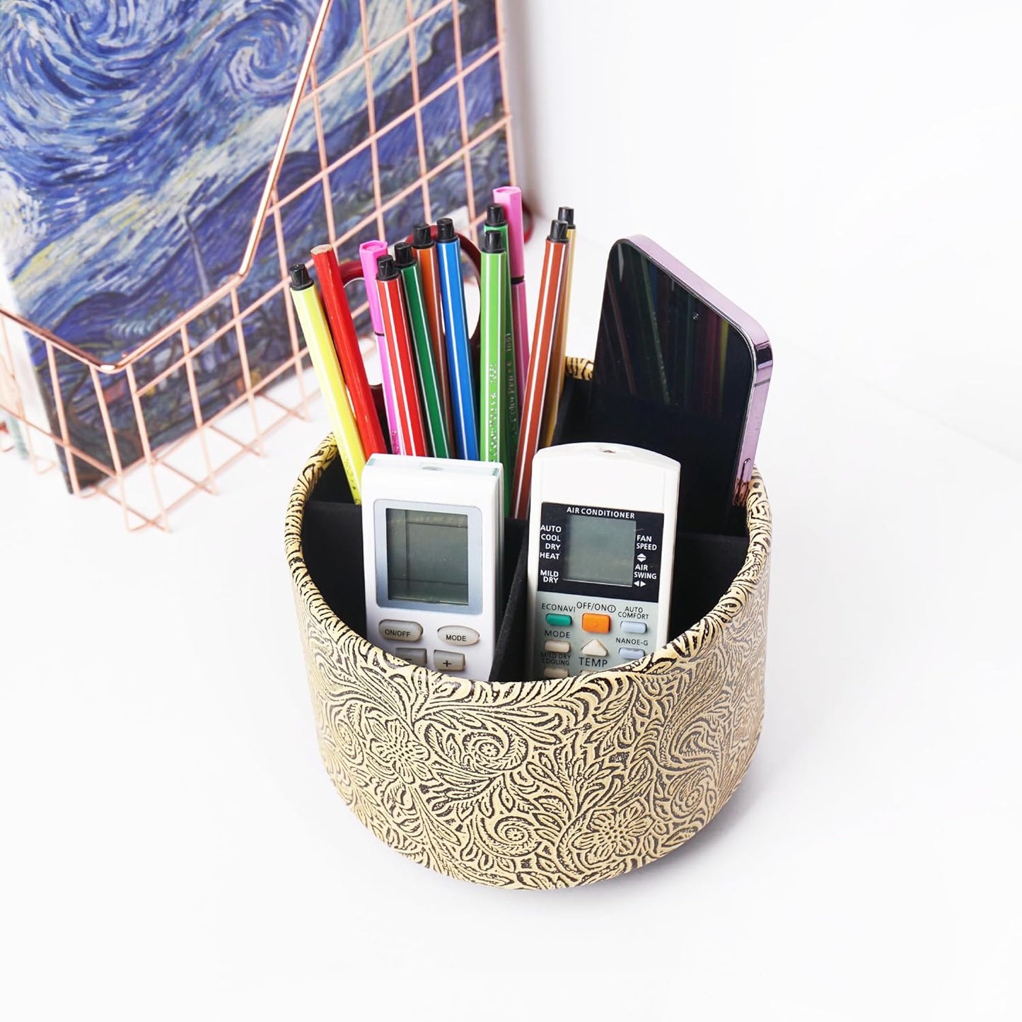 lizimandu Round Leather Art Supply Organizer,Remote Control Holder,360 Degree Spinning,Multi-Functional Pencil Holder,4 Compartments Desktop Stationary Organizer(1-Yellow Black)