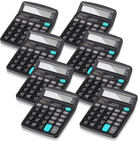 Konohan 8 Pieces 12-Digit Calculator, Solar Basic Desktop Calculator Large Display Electronic Dual Power Handheld for Home Office School(Black)