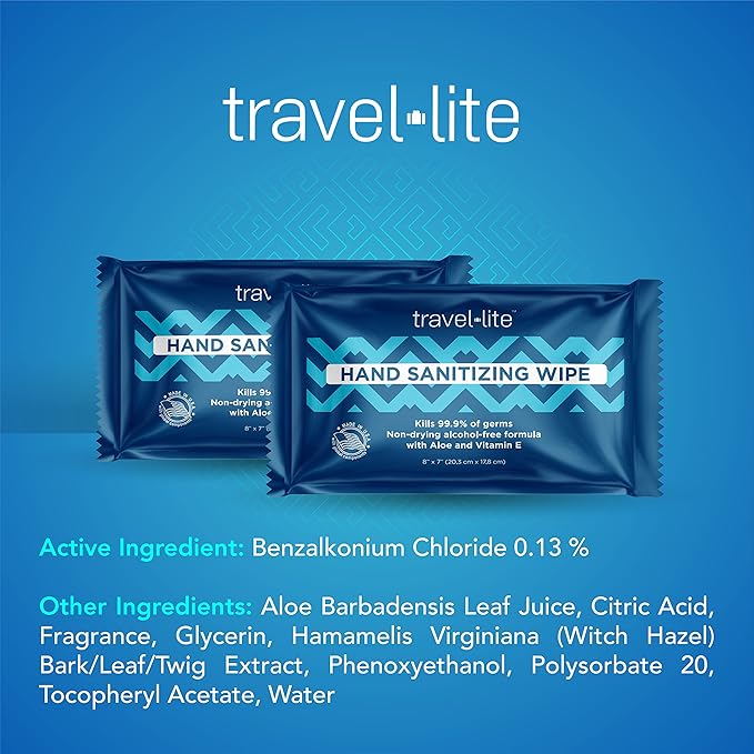 Travel Lite Alcohol-Free Hand Wipes with Aloe Vera and Vitamin E, Fresh Scent 50ct Individually Wrapped Travel Essentials Wipes for Adults and Kids