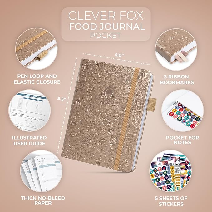 Clever Fox Food Journal Pocket - Daily Food Diary, Meal Planner to Track Calories & Nutrients, Weight Loss Tracker Notebook, 4x5.5” (Pearl)