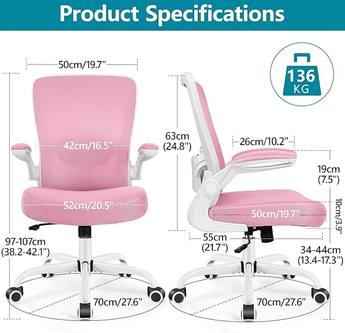 FelixKing Ergonomic Office Chair, Adjustable Height, Lumbar Support, Breathable Mesh Fabric, Durable and Reliable, Pink