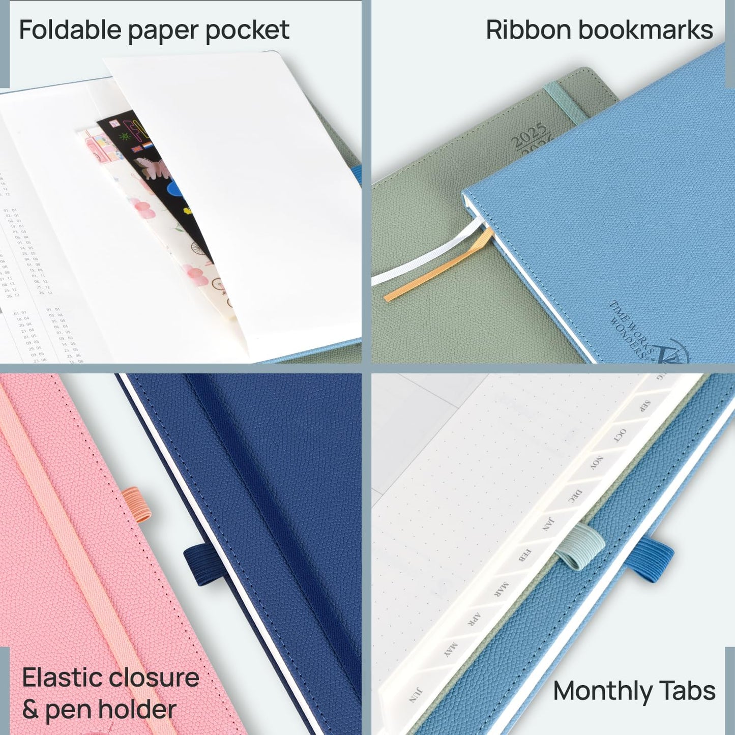 POPRUN Planner 2025-2026 (Medium 6.75''x 8.75''), Horizontal Weekly Notebook Jul.2025 - Jun.2026, Academic Appointment Book with Monthly Tabs, Leather Hardcover, Inner Pocket, 100 GSM - Soft Pink