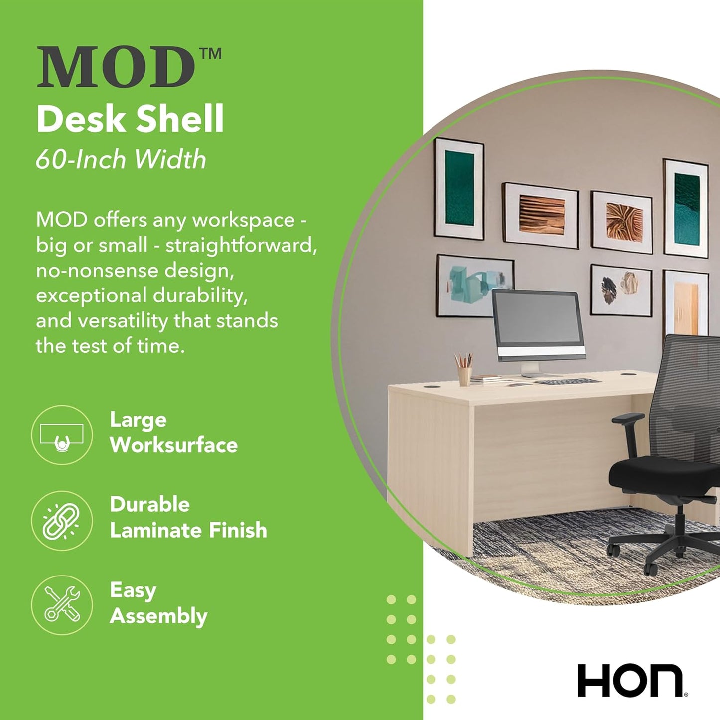 HON MOD Executive Desk 60-Inch Large Computer Desk Shell, Thick Wooden Laminate, Modern Table with Cord Management, 60" W x 30" D x 29" H, Desert Oak