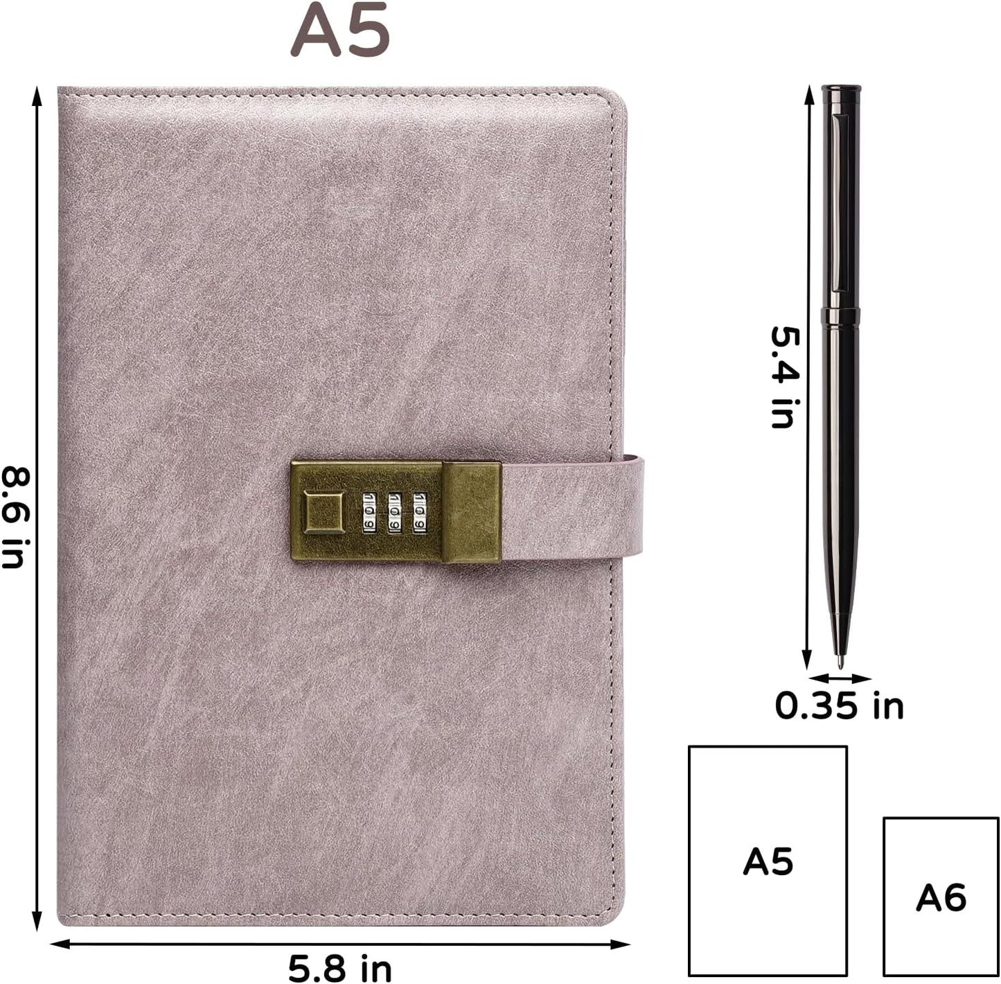 WEMATE Diary with Lock, A5 PU Leather Journal with Lock 240 Pages, Vintage Locks Journal Password Notebook with Pen, Locks Diary Planner Organizer for Men and Women, 8.6x5.8in Pink