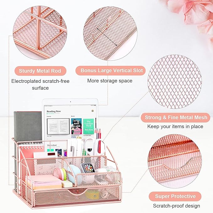 Rose Gold Desk Organizers and Accessories, Office Supplies with Mesh Desk Organizer, Acrylic Tape Dispenser and Stapler, Staples, Ballpoint Pen, Clips Set, Ruler, Scissor, Sticky Labels
