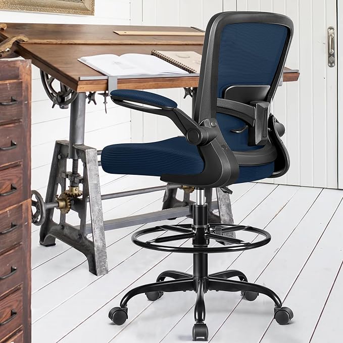 FelixKing Drafting Chair Ergonomic Tall Office Chair, Breathable Mesh Chair with Adjustable Footrest Ring Lumbar Support Flip-up Armrests, High Back Executive Comfy Task Computer Chair for Home Office