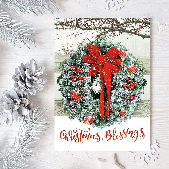 Current Wreath in Snow Personalized Christmas Cards with Envelopes - Set of 18 Large 5 x 7-Inch Folded Cards, Faith Themed Holiday Card Value Pack