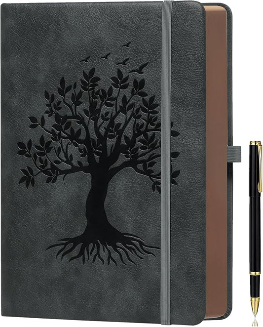 Thick Lined Journal Notebook with Pen, 360 Pages 100gsm Paper, Brown Sprayed Edge, Journal for Writing B5 Ruled Notebook ,Leather Hardcover,Perfect for Work, Office or School, 7.8'' x 10'' Dark Grey