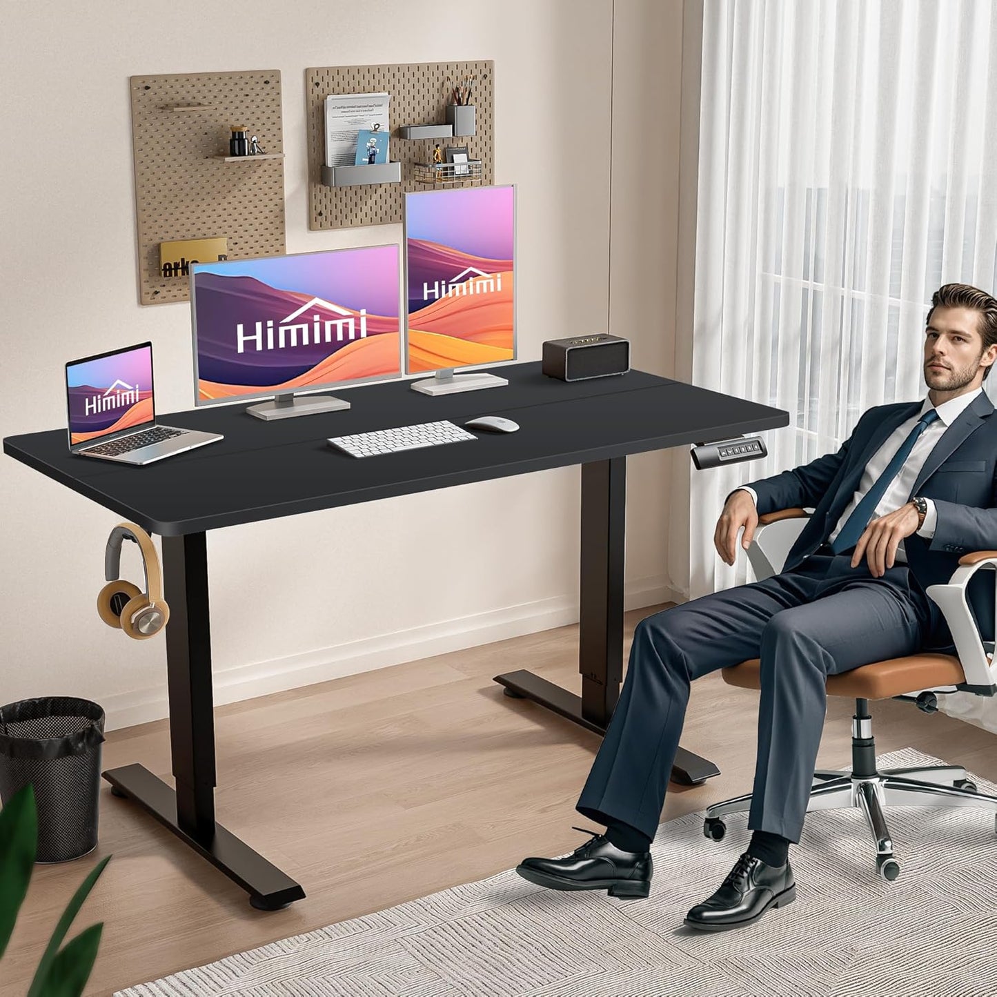Himimi Electric Standing Desk 55 x 24 inch for Home Office,Sit-Stand Adjustable Desk with Memory Presets,Height Adjustable Desk for Gaming/Working,Free Hook, Lockable Wheels,Mouse Pad,Black