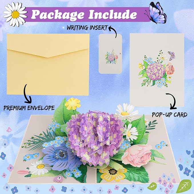 3D Hydrangea Flowers Pop Up Card for Teacher Appreciation Gift, Birthday, Thank You, Congratulations, Suitable for Mom, Daughter, Wife