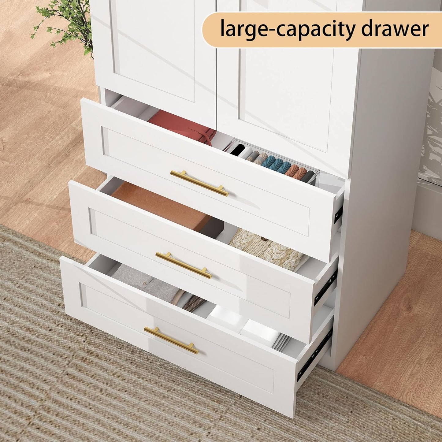White Wardrobe with 4 Doors: 75" Tall Armoire Wardrobe Closet with 6 Drawers, Bedroom Closet Cabinet for Hanging Clothes, Wooden Storage Armoire with Shelves (Modern, 2)