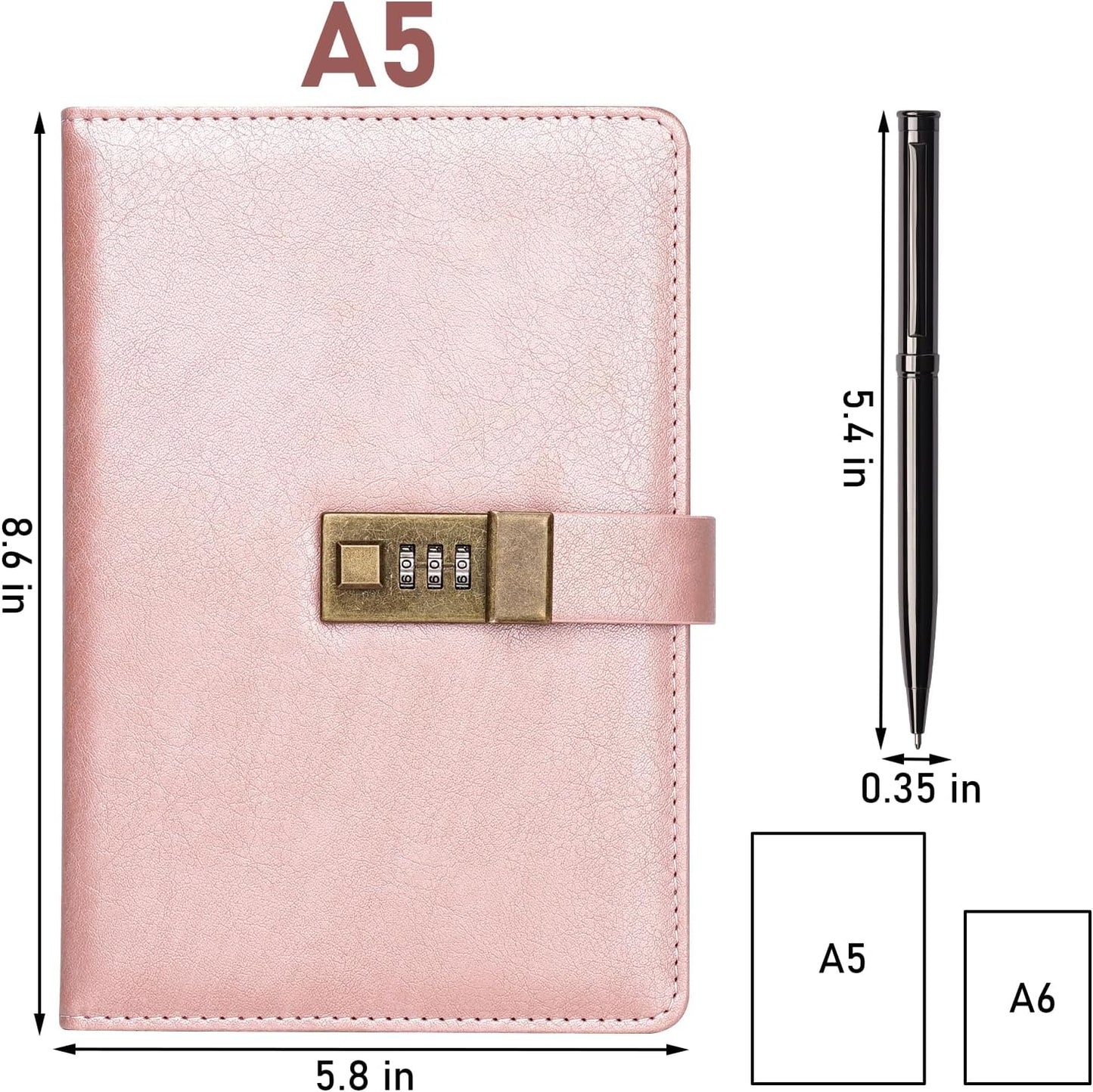 WEMATE Diary with Lock, A5 PU Leather Journal with Lock 240 Pages, Vintage Locks Journal Password Notebook with Pen, Locks Diary Planner Organizer for Men and Women, 8.6x5.8in