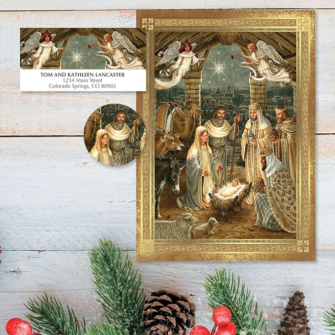 Current Golden Nativity Deluxe Personalized Religious Christmas Cards with Envelopes - Set of 14 Large 5" x 7" Folded Faith Cards, Sentiments Inside, Add Names & Text