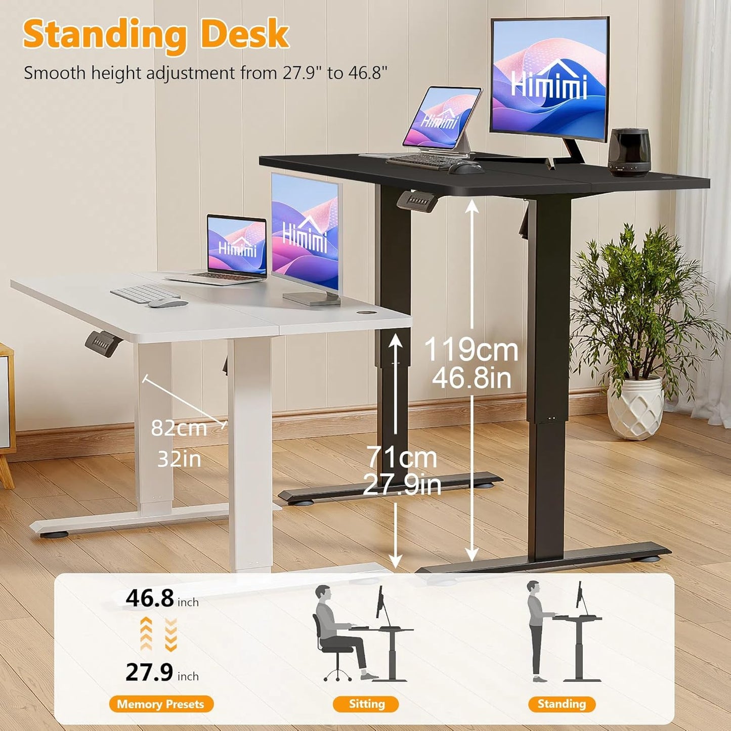 Himimi Electric Standing Desk 48 x 24 inch for Home Office,Sit-Stand Adjustable Desk with Memory Presets,Height Adjustable Desk for Gaming/Working,Free Hook, Lockable Wheels,Black