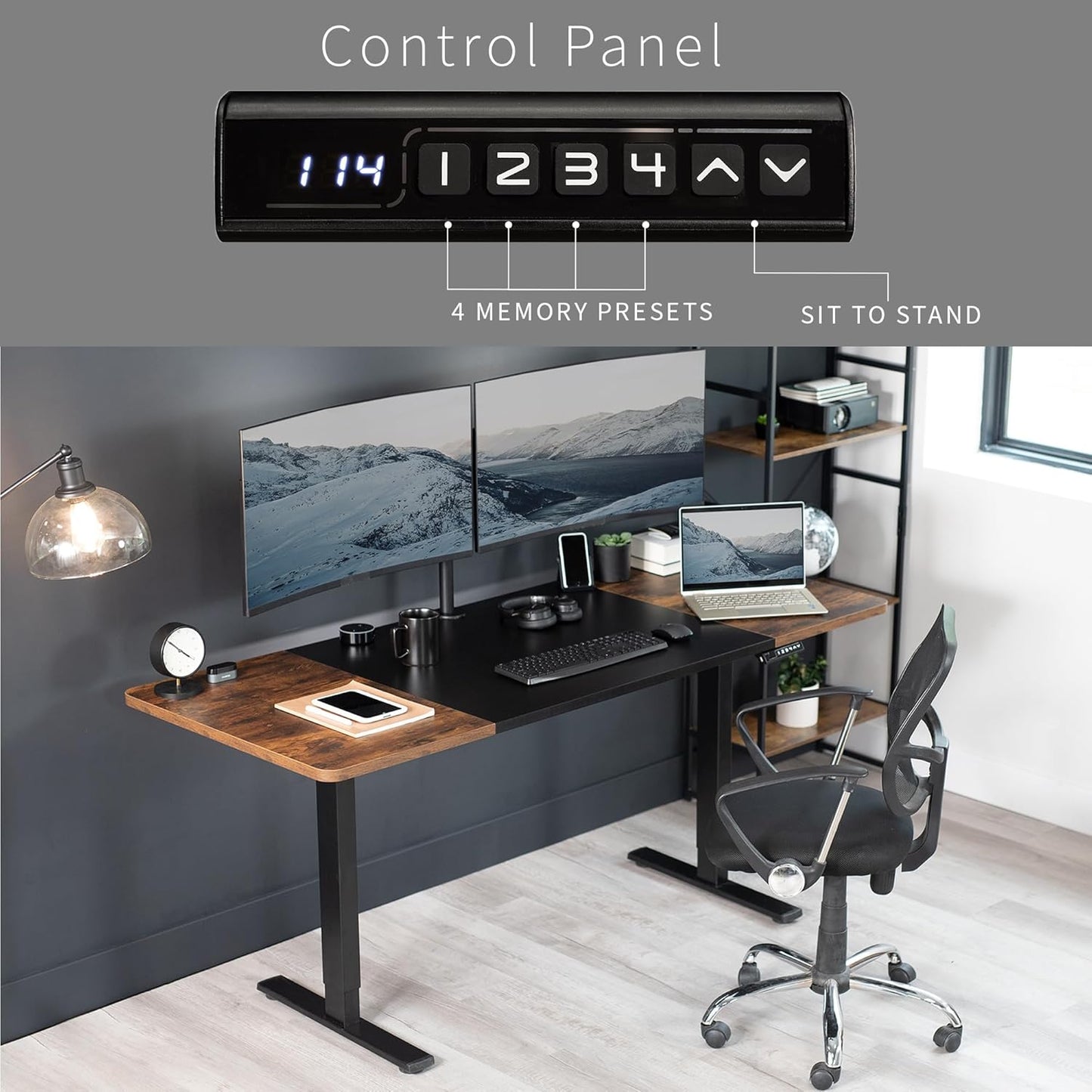 VIVO Electric 71 x 30 in Rustic Standing Desk, Memory Height Adjustment, 1B Series, Black and Vintage Brown Top, Black Frame, DESK-KIT-1B7BN