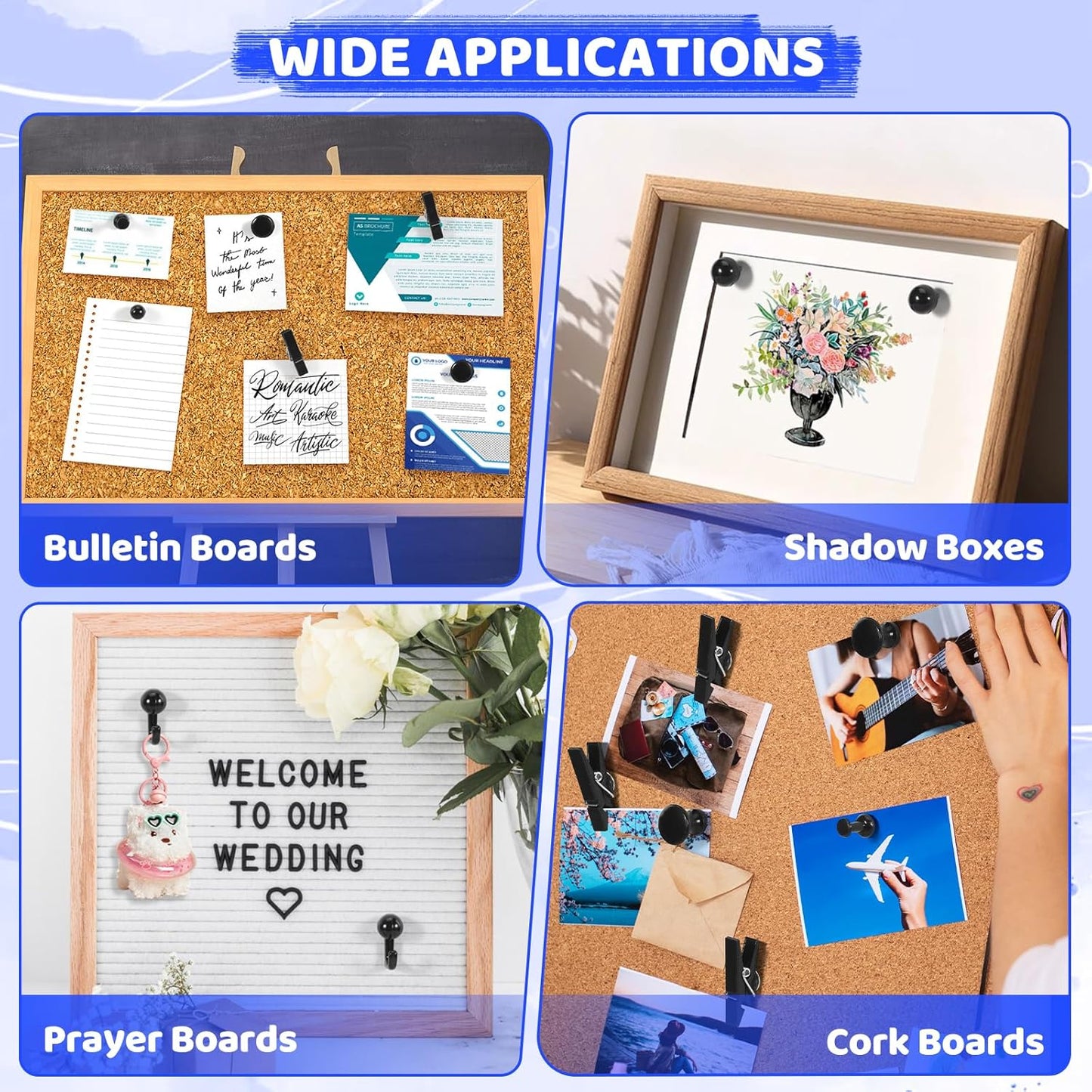 240Pcs Black Push Pins,5 Style Thumb Tacks, Black Plastic Push Pins for Bulletin Boards, Cork Board,Wall,Cork Board Accessories, Office Home Supplies