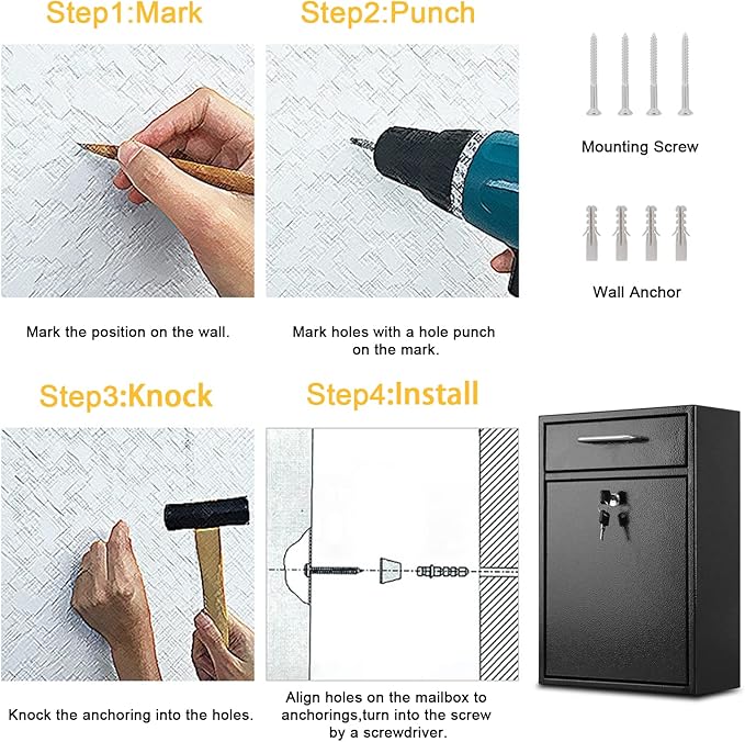 xydled Metal Mailbox Wall Mount, Large Locking Mailbox with Key Lock, Hanging Secure Postbox, Security Key Drop Box, Collection Boxes, Black, 17.6H x 12.2L x 5.7W Inches, XL Large