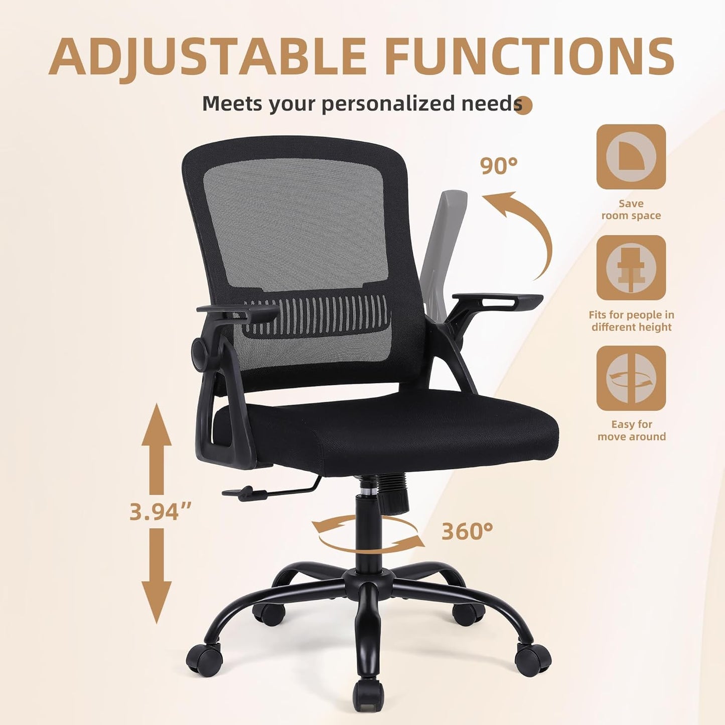Modern Ergonomic Office Chair, Black, Mesh Back, Flip-up Armrests, Adjustable Height, 300 lbs Capacity