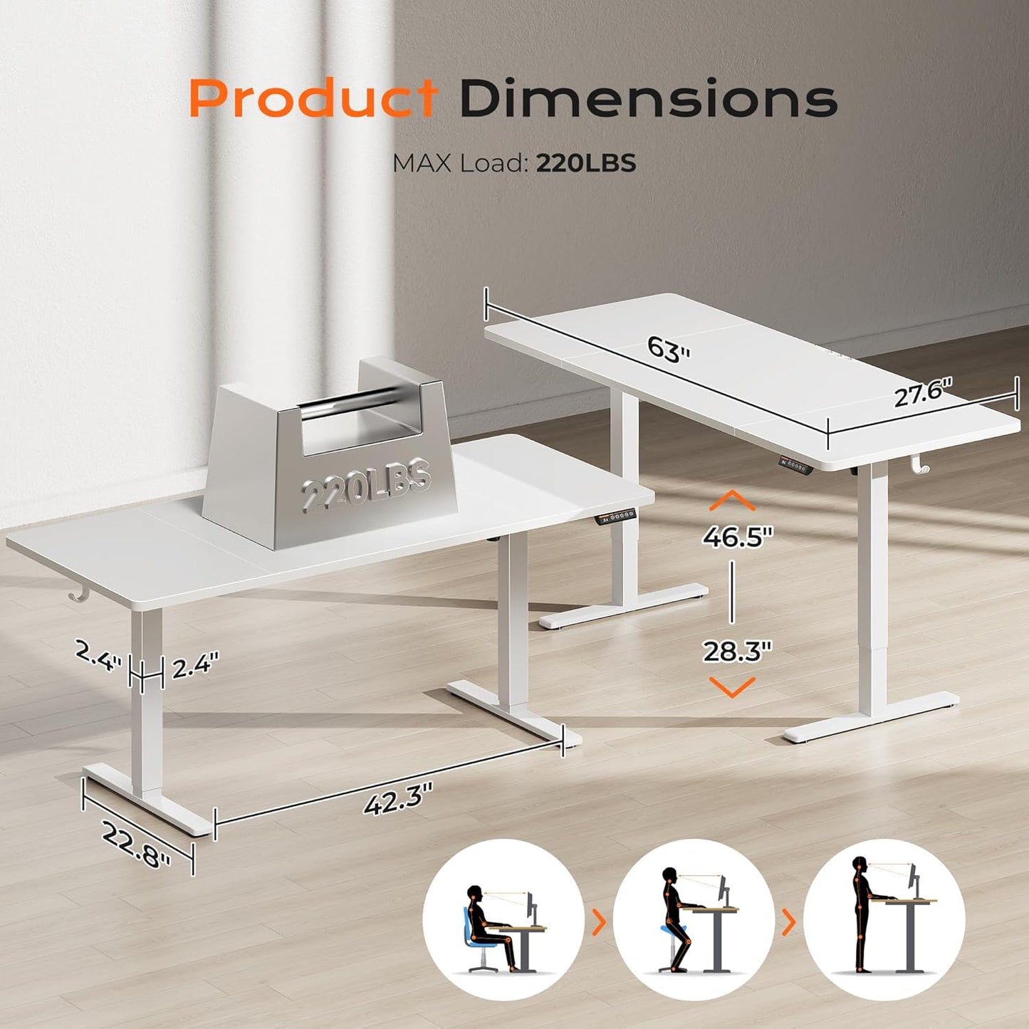 Huuger 63 x 28 Large Electric Standing Desk, Height Adjustable Computer Desk, 27.6" Deep Desktop, Stand up Gaming Office Table with 2 Hooks, 3 Preset Heights, for Home Office, White