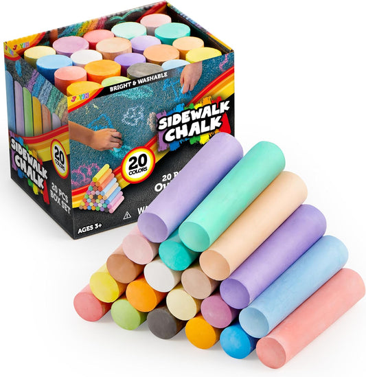 JOYIN 20 PCS Washable Sidewalk Chalks Set in 20 Colors, Non-Toxic Jumbo Colored Chalk for Kids, Painting for Outdoor Games, School Supplies, Painting on Chalkboard