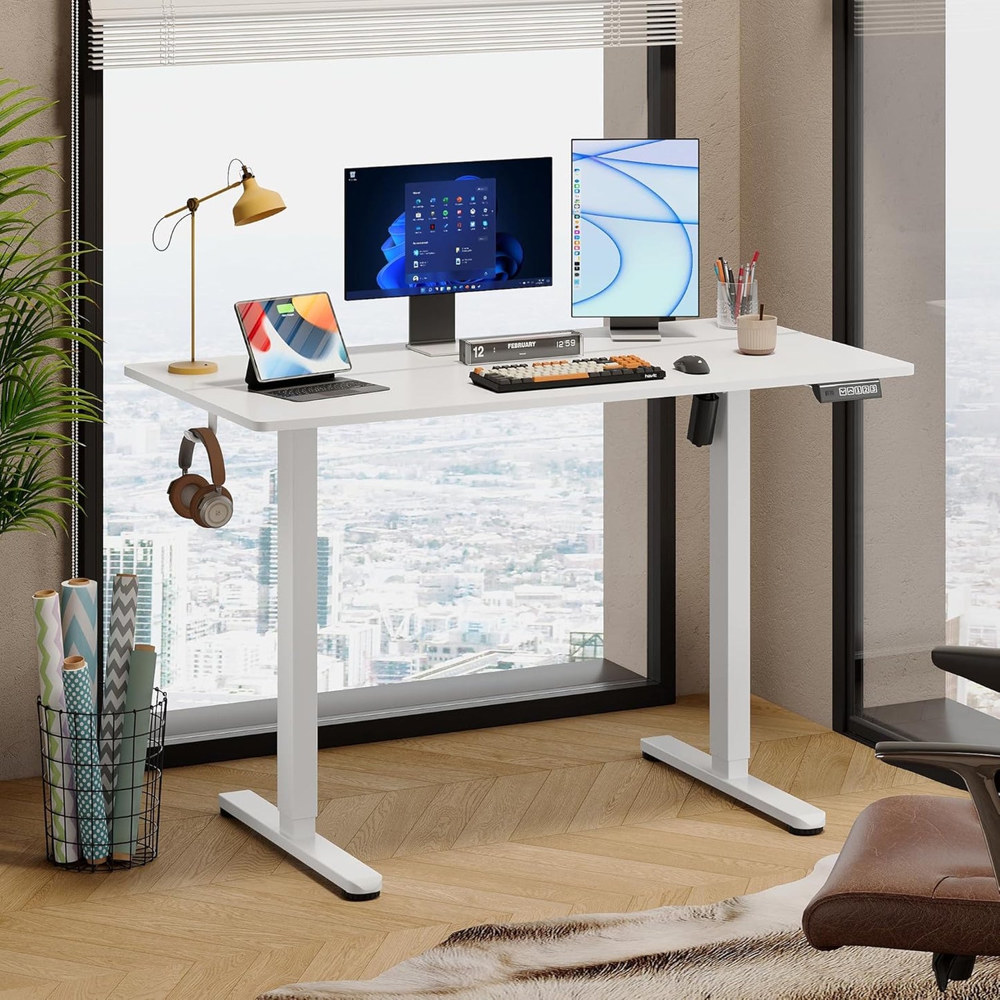 DEVAISE 48 Inch Electric Standing Desk, 3 Adjustable Height Stand up Desk for Home Office, Ergonomic Sit to Stand Desk with LED Touchscreen,Headphone Hook, 3 Memory Preset Computer Desk (White)