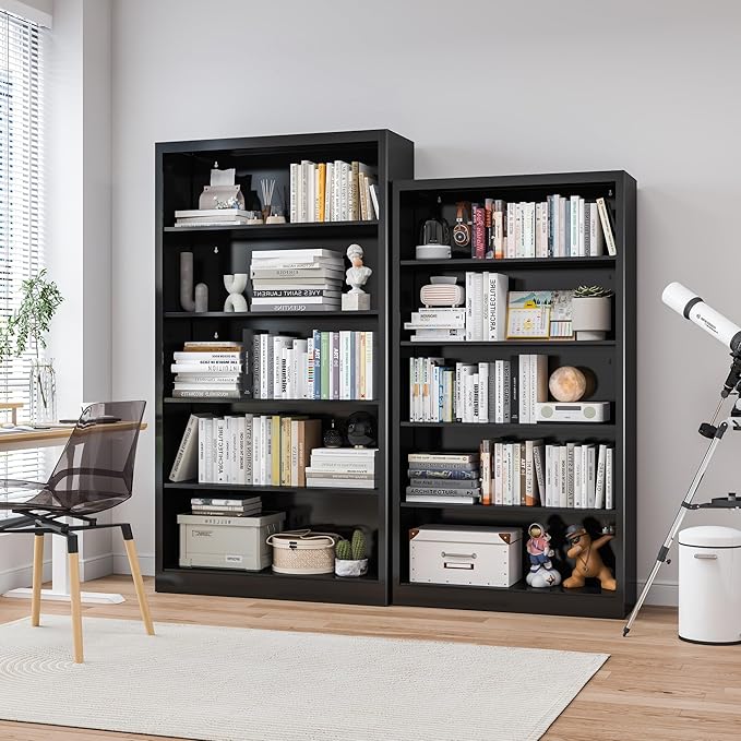 Metal Bookshelf, Adjustable Bookshelves and Bookcases, 5 Shelf Bookcase with Backboard, Black Book Shelf Book Cases for Office, Living Room, Bedroom, Home, Library