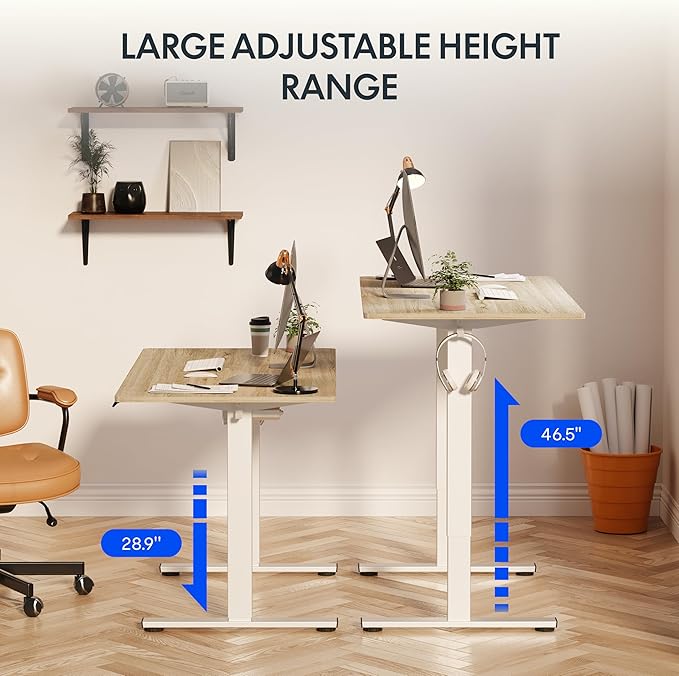 FLEXISPOT EN1 One-Piece Standing Desk, 40 x 24 Inches Electric Height Adjustable Desk for Home Office (White Frame + White Wood Grain Desktop)
