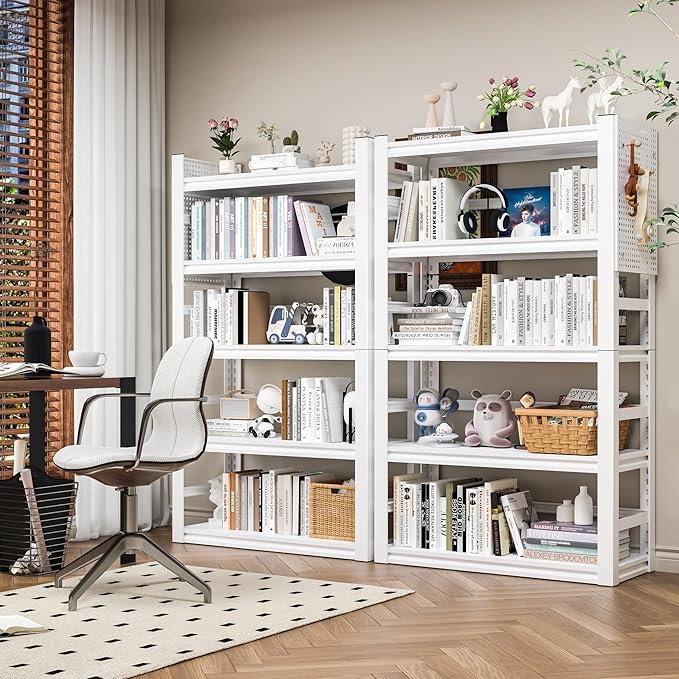 Bookshelves and Bookcases, 5 Tier Metal Bookshelf, 63" Tall Bookcase, Adjustable White Book Shelf, Heavy Duty Storage Shelves for Bedroom, Living Room, Home Office, School, Bathroom and Kitchen