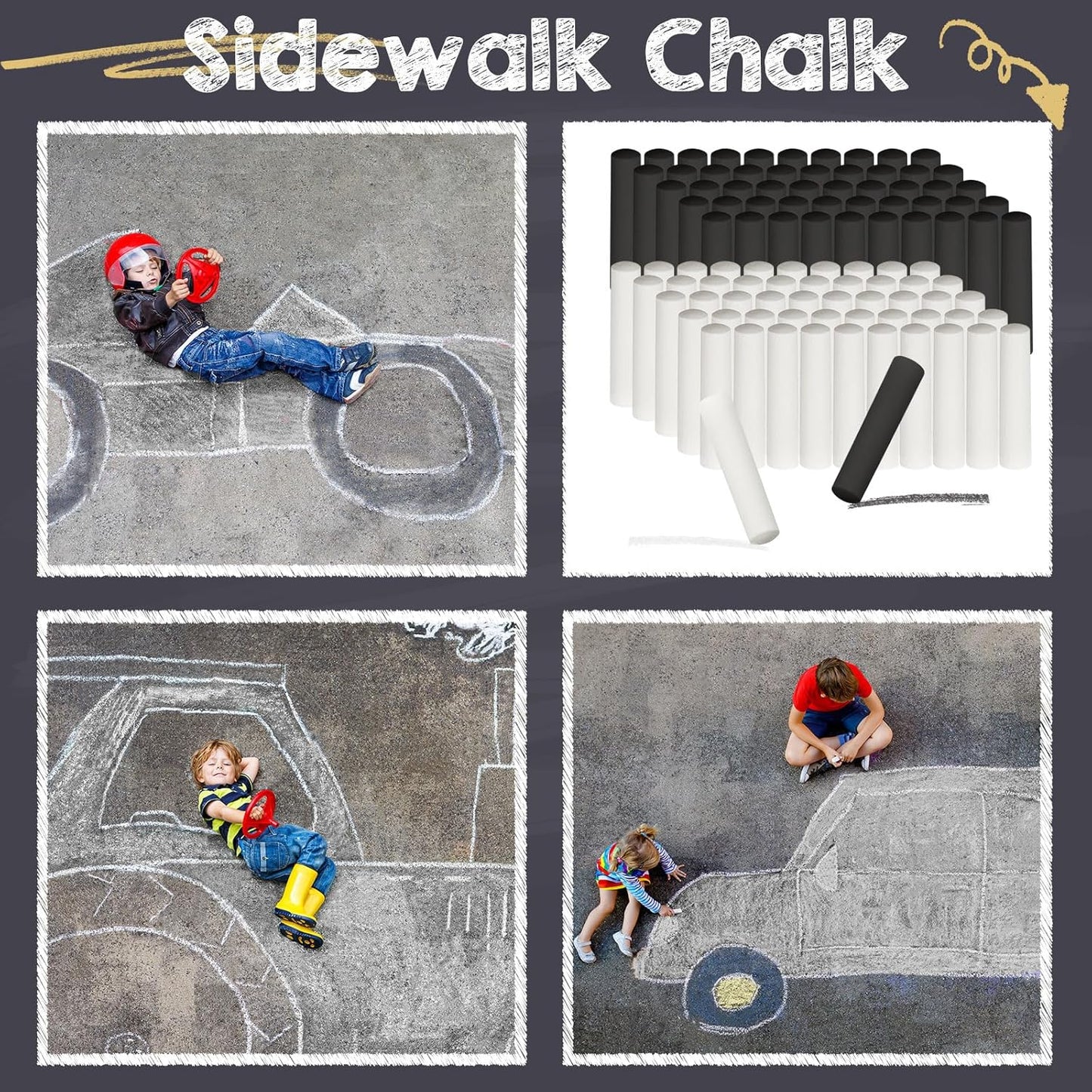 60 Pcs Sidewalk Chalk for Kids Jumbo Black White Washable Non Toxic Chalk for Classroom Outdoor Fun Creativity Art Play Painting on Chalkboard Playground Blackboard Easter Party