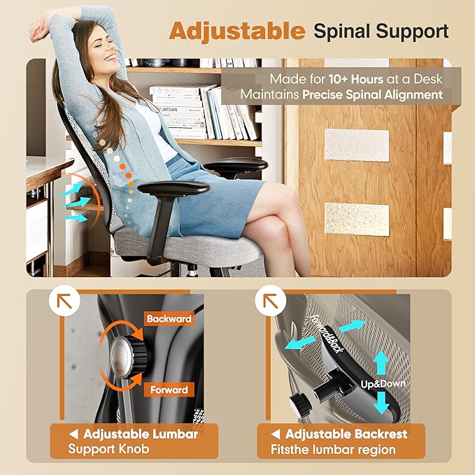 ELABEST Ergonomic Office Chair,Home Desk Chair with Mesh Back,Adjustable Lumbar Support,Built-in Springs Wide Seat,Executive Task Chair with 3-D Big Armrests,Tilt Function,Computer Desk Chair (Grey)