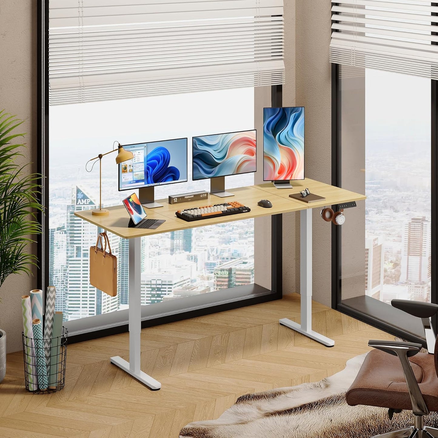 DEVAISE 71 Inch Electric Standing Desk, 3 Adjustable Height Stand up Desk for Home Office, Ergonomic Sit to Stand Desk with LED Touchscreen, Headphone Hook, 3 Memory Preset Computer Desk (Maple)