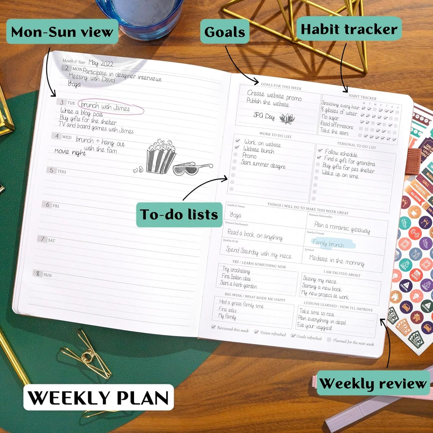Legend Planner PRO – Deluxe Weekly & Monthly Life Planner to Increase Productivity and Hit Your Goals. Time Management Organizer Notebook – Undated – 7 x 10" Hardcover + Stickers – Rose Gold