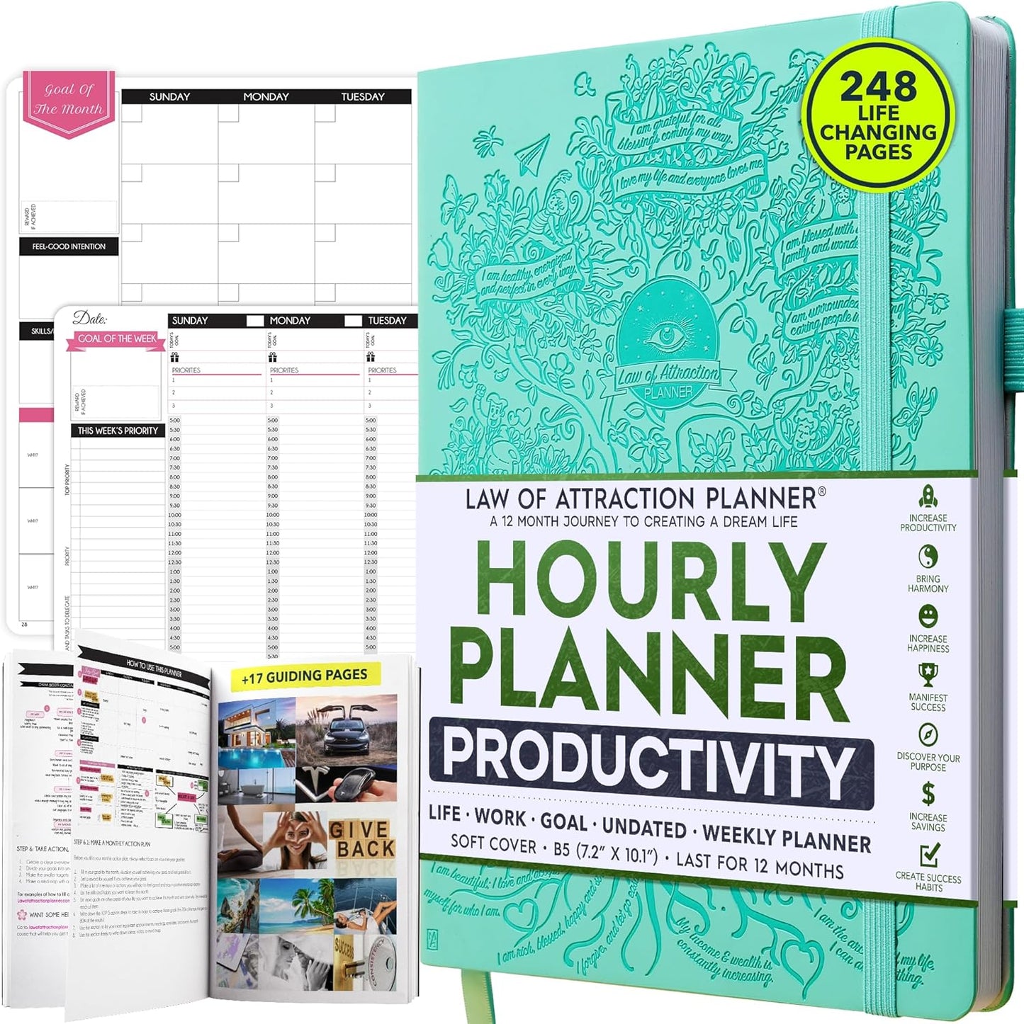 Hourly Planner – Undated Weekly & Monthly Goal Setting Planner, 12-Month to Increase Productivity | Life & Gratitude Journal, Include Foldable Vision Board, Gift Box & Stickers