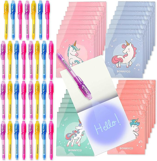BONNYCO Invisible Ink Pen and Notebook Pack 32 Unicorn Party Favors for Kids, Magic Spy Pen Goodie Bags Stuffers for Kids, Unicorn Birthday Party Supplies, Goody Bag Stuffers | Return Gifts Prizes