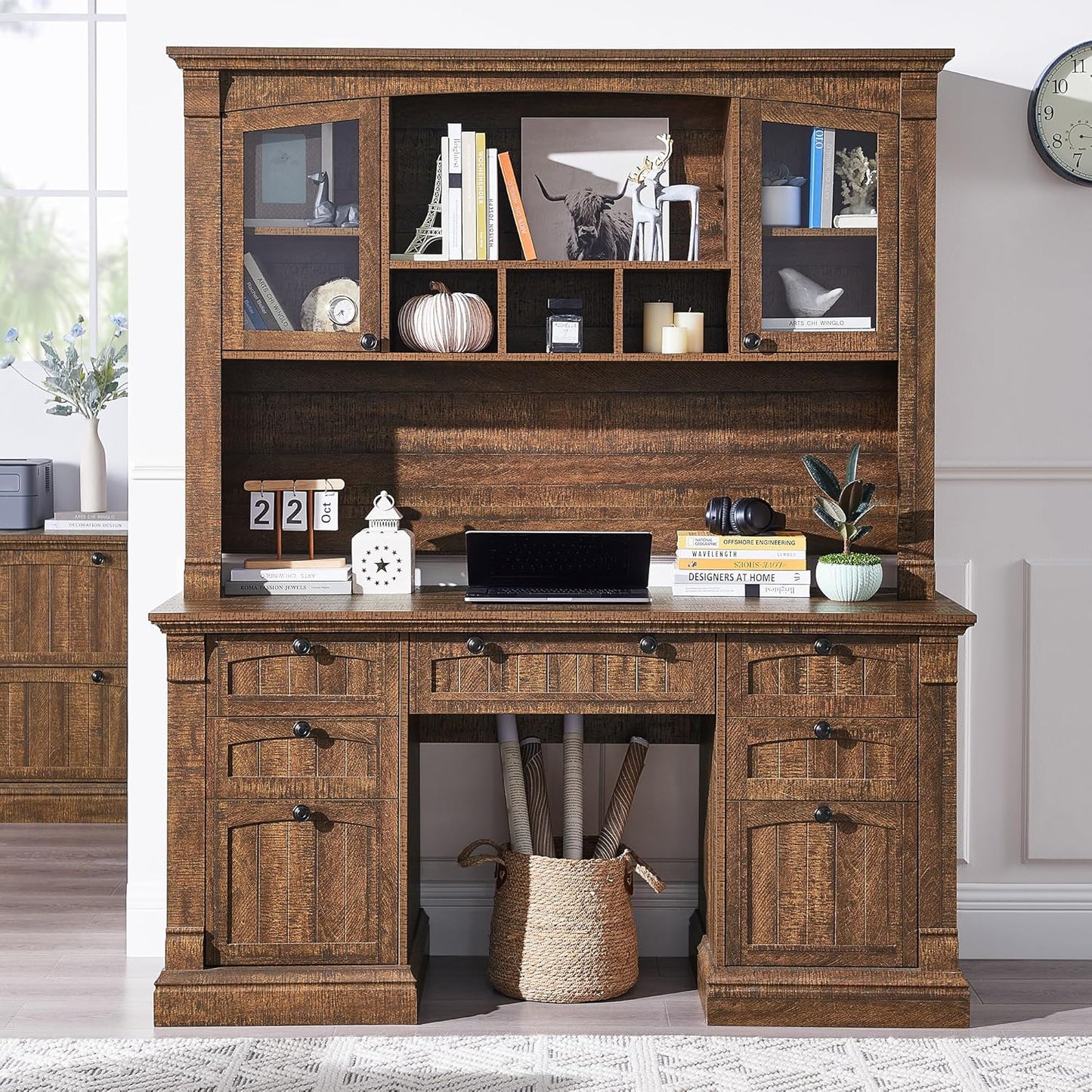 OKD 60" Executive Desk with Hutch and Drawers, Farmhouse Home Office Desk with Charging Station, Keyboard Tray, File Cabinet Storage, Wood Computer Desk for Work and Study, Reclaimed Barnwood