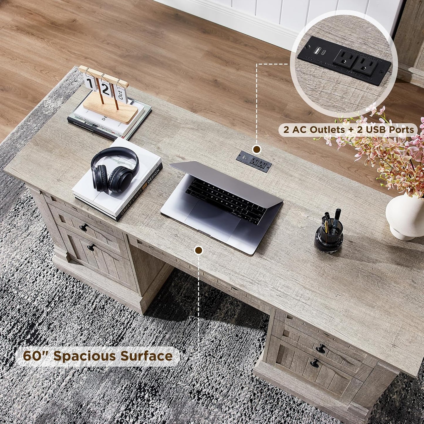 OKD 60" Executive Desk with Drawers, Farmhouse Home Office Desk with Charging Station, Keyboard Tray, File Cabinet Storage, Wood Computer Desk for Work and Study, Light Rustic Oak